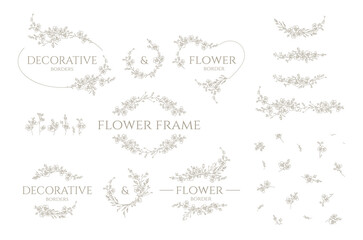 Set of floral frames, monograms and borders. Seamless pattern. Hand drawn wildflowers.