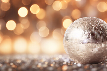 Disco ball, abstract blur bokeh banner background. Silver bokeh on a defocused background