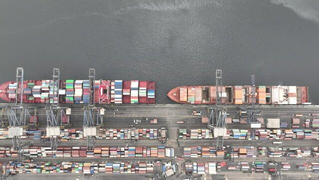 Container ships docked at KPT Port, Karachi, Pakistan. Aerial topview