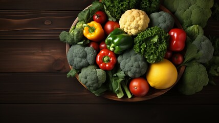 Variation of fresh vegetables on wooden background