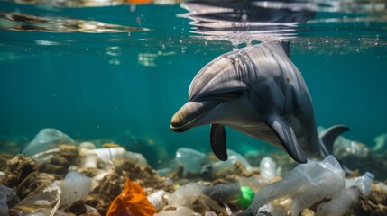 Close up of a dolphin swimming in a sea of plastic waste