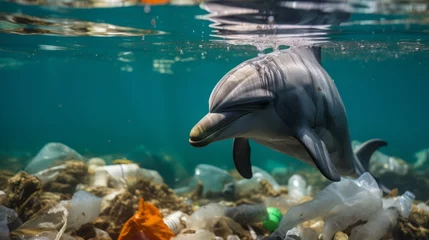 Schilderijen op glas Close up of a dolphin swimming in a sea of plastic waste © Cloudyew