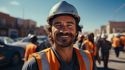 Male worker in orange vest uniform at work on an industrial construction site - obrazy, fototapety, plakaty