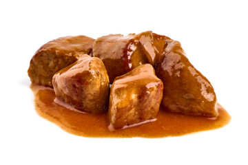 Stew Meat, stewed pork goulash, isolated on white background.