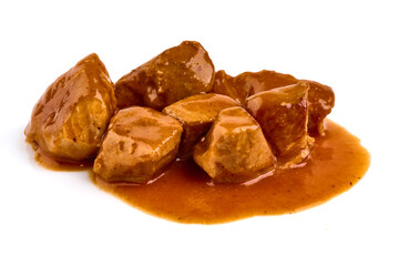 Stewed pork goulash, isolated on white background.
