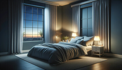 Une scène de chambre sereine au crépuscule, mettant en valeur un environnement calme et apaisant. La chambre est bien organisée avec un lit confortable, une literie douce bleue 