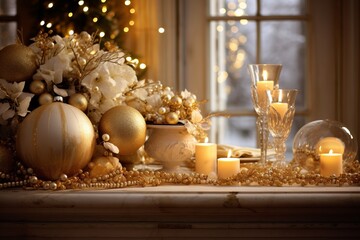 Fototapeta na wymiar Golden Christmas holiday decorations creating a warm Christmas ambiance