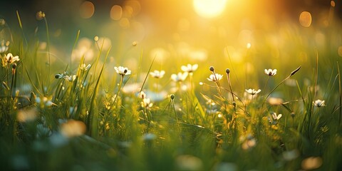 Golden hours in meadow. Symphony of nature beauty. Summer embrace unveils carpet of blooming flowers with daisies painting landscape in shades of yellow