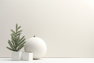 White christmas ornament sitting next to a small christmas tree