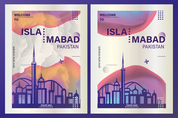 Islamabad city poster pack with abstract skyline, cityscape, landmark and attraction. Pakistan travel vector illustration layout set for vertical brochure, website, flyer, presentation