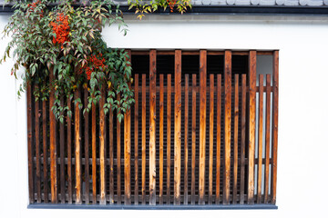 wooden lattice on a white wall with greenery and red flowers flowing down the side