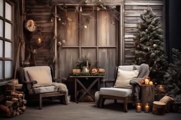 Rustic and cozy Christmas decor creating an inviting copy space
