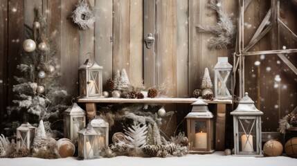 Rustic Christmas winter scene with wooden decorations and snow