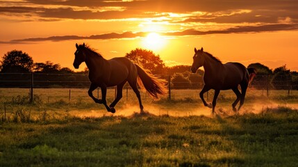 Fototapeta premium Silhouetted horses grazing in a field as the sun sets