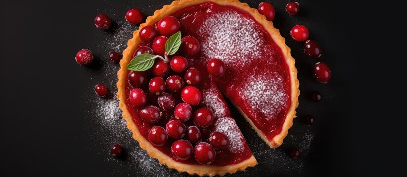 Bird's-eye view of cranberry tart with a sliced piece.