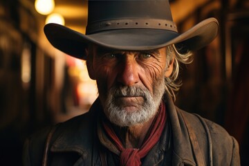 Rugged Resilience: A Lone Cowboy in the Dusty Sunset of the Old West - obrazy, fototapety, plakaty