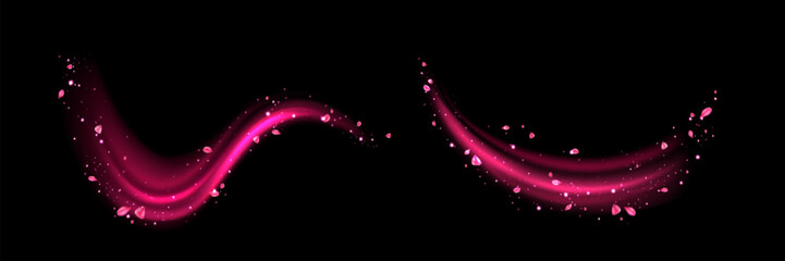 Set of pink swirls with flower petals isolated on black background. Vector realistic illustration of neon light waves with sakura blossom, magic sparkling particles, perfume aroma trail, love in air - obrazy, fototapety, plakaty