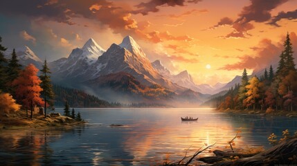 Serene Sunset Reflections: Lakeside Tranquility with Majestic Mountain Backdrop


