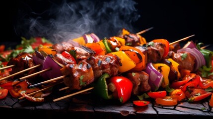 Smoke enveloping BBQ skewers with vegetables and meats, a mouthwatering sight