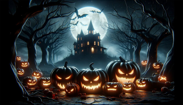 3D render of a Halloween background featuring pumpkins and a haunted house.