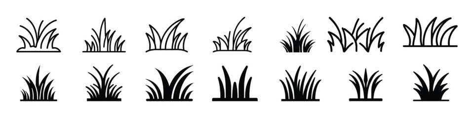 Grass icon, grass field outline scribble background. grass icon set, Black lawn grass icon, Eco symbol of green grass. grass icon black vector illustration