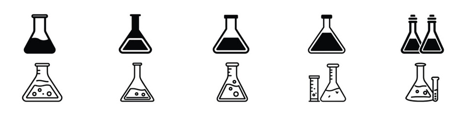 Chemistry flask icon. Chemistry beakers with Erlenmeyer flask , Chemical test tube. Glass tube. Flask template. Glass container. Flask of poison. Test tube icon. Chemistry lab flask, science symbol.