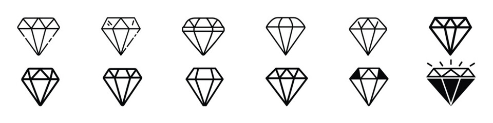  Diamond icon, diamonds collection icons. Diamond icons set, Diamond logo. Various forms of diamond cut. Brilliant, diamond line icon. Different diamond shapes. Dimond icon set in flat style. Gem icon - obrazy, fototapety, plakaty