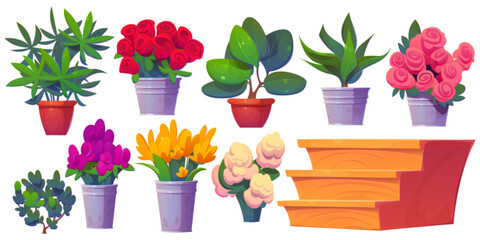 Flower shop interior design elements set isolated on white background. Vector cartoon illustration of colorful bouquets in buckets, tulip and rose bunch in vase, green plant in pot, wooden shelf