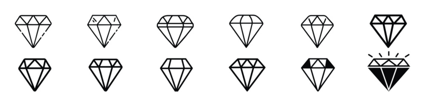  Diamond icon, diamonds collection icons. Diamond icons set, Diamond logo. Various forms of diamond cut. Brilliant, diamond line icon. Different diamond shapes. Dimond icon set in flat style. Gem icon