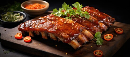 Close-up serving of St Louis cut pork ribs with spicy honey chili marinade on butcher paper.