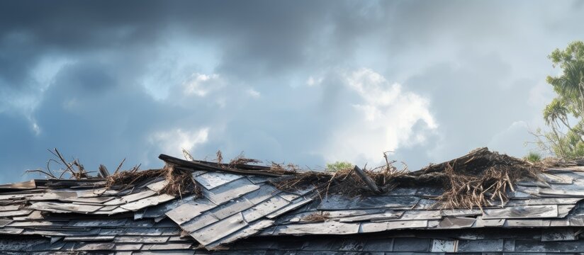 Hurricane aftermath leads to damaged house roof+missing shingles in Florida.