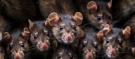 Close-up image of a pack of Norway rats in shades of brown, shiny fur and black eyes. - obrazy, fototapety, plakaty