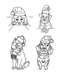 Vector contour drawing of Christmas dog in hat and scarf