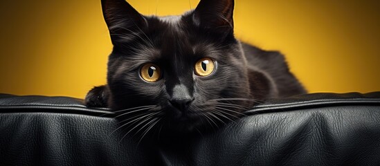 A black cat, its eyes yellow, rests on a sofa. - obrazy, fototapety, plakaty