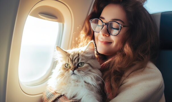 Photo of Woman Enjoying the Company of Her Feline Friend on a Flight