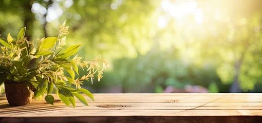 Poster Capturing nature palette. Inviting wooden table bathed in radiant light of spring and summer. Greenery of the garden surrounds empty table creating perfect blend of natural harmony © Wuttichai