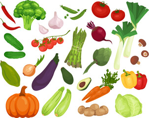 Vector vegetables icons set in a flat style isolated on white background. Collection farm product organic eco vegetable for restaurant menu, market label.