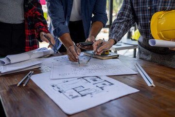 Engineer Teamwork Meeting, Architect contractor meetings of real estate brokers and company presidents to select a model to build a housing estate in writing and presenting to state organizations.	 - obrazy, fototapety, plakaty