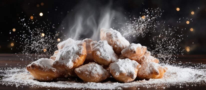 Italian carnival fritters dusted with powdered sugar on a table.