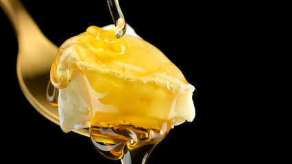 Thick honey pouring on pieces of cheese, macro. Camembert or brie cheese with honey, isolated on...
