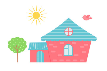 Pink sweet home with tree, sun and flying bird. Cute cartoon dollhouse. Hand drawn vector illustration isolated on white background.