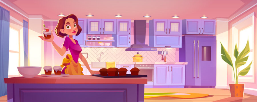 Housewife cooking muffins in kitchen. Vector cartoon illustration of female character baking cakes home, clean dining room with blue wood and glass furniture, kitchenware on shelf, daylight in window