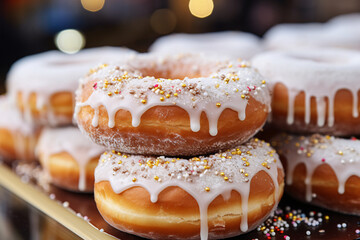 close-up shot of a donut, placed in a festive carnival setting - obrazy, fototapety, plakaty