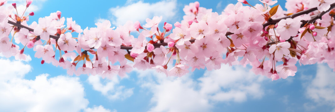 Close up photo of cherry blossoms blooming under the blue sky and white clouds. Beautiful spring season scenery. sakura flowers are representative of Japanese flowers.