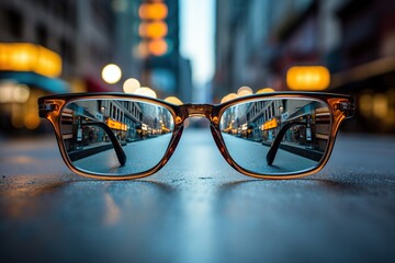 Eyeglasses on table, progressive lenses, eyeglasses for the elderly, glasses progressive lens, eyeglass progressive lens, close-up of glasses on blur background, looking through glasses - obrazy, fototapety, plakaty