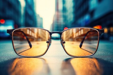 Eyeglasses on table, progressive lenses, eyeglasses for the elderly, glasses progressive lens, eyeglass progressive lens, close-up of glasses on blur background, looking through glasses - obrazy, fototapety, plakaty