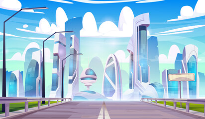 Road leads to futuristic city with unusual fantastic multistorey buildings. Cartoon vector landscape of future cyber high technology downtown with empty highway and streetlights, blue sky with clouds.
