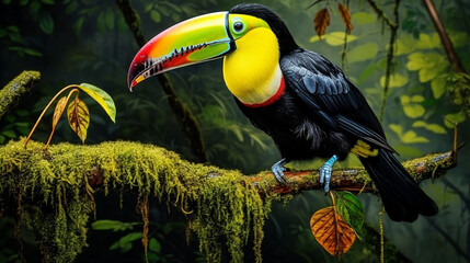 Colorful Toucan Perching on Tropical Tree in Rainforest - obrazy, fototapety, plakaty