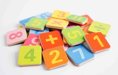Fototapeta premium Number wood block cubes for learning Mathematic, education math concept.