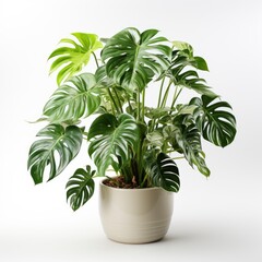 Decorative Monstera Tree Planted White Ceramic, White Background, For Design And Printing